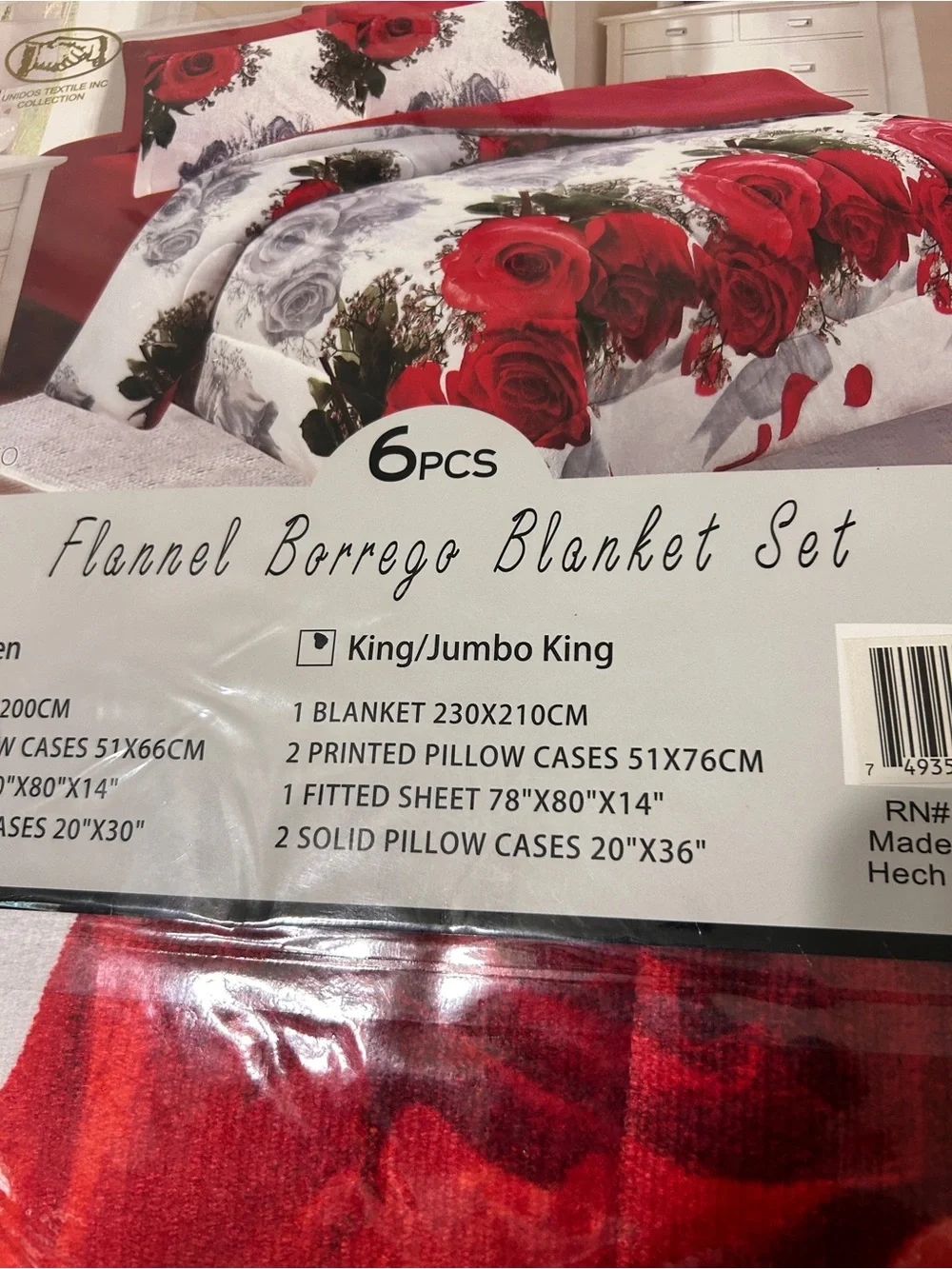 Flannel Borrego Blanket Set - Red Rose Print (6pcs)